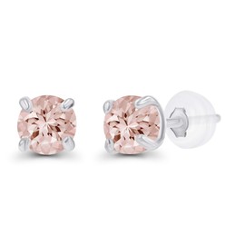 Genuine 14K Solid White Gold 3mm Round Natural Peach Morganite Birthstone Stud Earrings For Women