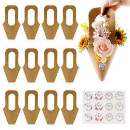 Ufurty 12 PCS Flower Bouquet Bags with Handle and THANK YOU Sticker, Kraft Paper Flowers Gift Bags Creative Cone Flower Sleeves Wrapping Paper Bags for Thanksgiving Valentine's Day Wedding (12)