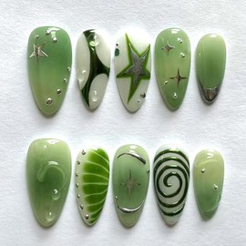 LWTZLW 3D Green Press on Nails Short Almond False Nails with Swirl Star Design Full Cover Glue on Nail Reusable Acrylic Fake Nails Glossy Artificial Stick on Nail for Women
