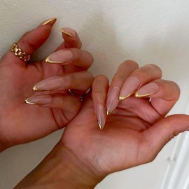 French Tip Press on Nails Medium Almond Fake Nails Gold Nail Tips Nude Glossy False Nails with Designs Stiletto Full Cover Acrylic Nails Glue Stick on Nails Kit for Women Girls Artificial Nails 24 Pcs