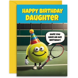 Daughter Tennis Birthday Card - Funny Tennis Ace Themed Design - A5 Size with Yellow Envelope. Designed and Printed in the UK