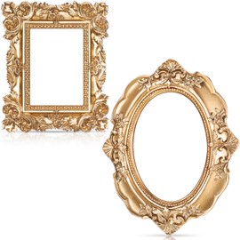 Leinuosen 2 Pcs Mini Gold Frames Vintage Resin Picture Small Antique Gold Tiny Oval Rectangle Baroque DIY Wall Hanging Frames for Home Decor Photo Props, Without Backing