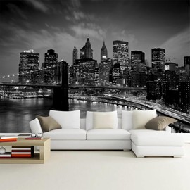 WFBHUA-Brooklyn Bridge Wall Mural Black New York City Landscape Photo Wallpaper for Living Room Bedroom(Not Peel and Stick)