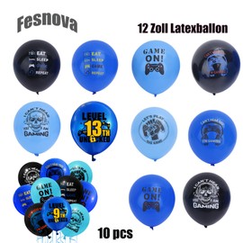 Fesnova Gaming On Balloons Decoration 13th Birthday Teenager Boy Set, Birthday Decoration 13 Years Boy, Video Game Design, Black, Blue, Turquoise, Pack of 10 for Children Game Theme Party Decoration