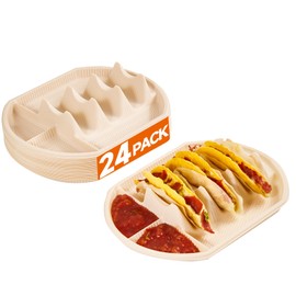 24 PCS Large Disposable Taco Holder for Party, Cornstarch Plates, Stand for 3 Tacos, 2 Dipping Areas, Fiesta Trays for Tuesday, Bar Serving Set, Microwave Safe