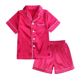 KISBINI Toddler Girls Satin Pajamas Button-Down Silk Short Sleeve Pajamas for Toddler Girls 2 Pieces Sleepwear PJS Set for Kids(Hot Pink, 4-5 Years)