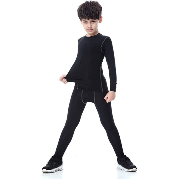 LANBAOSI Soccer Inner Wear, Junior, Top and Bottom Set, Sports Underwear, Stretch, Kids, Compression Wear, Long Sleeve Shirt & Tights, UV Protection, Sweat Wicking, Quick Drying, Kids, Black Top and Bottom Set, 140
