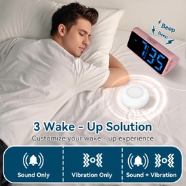 Netzu Loud Alarm Clock for Heavy Sleepers, Vibrating Alarm Clock with Vibration Pad, RGB Led Display, Dual Alarms, 5 Brightness, 4 Volumes, Snooze, Bedside Clocks for Teens Elderly (Pink)