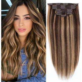 15inch Clip in Human Hair Extensions 8pcs 100g Silky Straight-100% Remy Human Hair Double Lace Weft Highlighted Color Seamless Clip in Hair Extensions for Women (15 Inch-100g, P4/27)