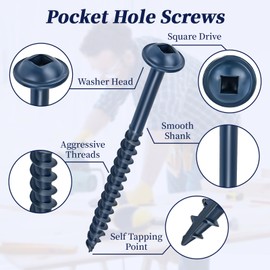 Pocket Hole Screws #8 x 2-1/2", Exterior Pocket Screws 100 Pcs, Washer Head with Square Drive, Coarse Thread, Blue Coated, Self Tapping, 100MM Drive Bit Included