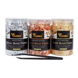 VGSEBA Gold Leaf Flakes - Imitation Gold Resin Moulds, Gold, Silver, Red Copper, 3 Bags Metallic Gold Foil Flakes for Painting, Arts and Crafts, Nails DIY (Black Clip as Gift)