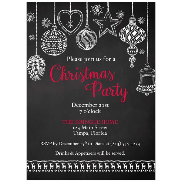 Holiday Party Invitations Christmas Ornament Invites Parties Xmas Chalkboard Snowflakes Ornaments Decorations Black Red Rustic Country Chic Shabby Blackboard Modern Unique Fun Printed Cards (12 count)