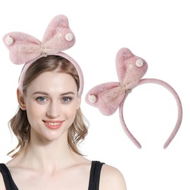 TOPDAOYUN Christmas Bow Headband For Women, Pink Fluffy Bow Hair Accessories For Christmas Holiday Cosplay Costume Party