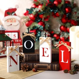 Yousoontic 4 Pcs Noel Christmas Decor Noel Sign Blocks Wood Signs for Home Winter Table Sign Noel Display Centerpiece Xmas Table Decoration for Kitchen Home Farmhouse Indoor Holiday Party Decor