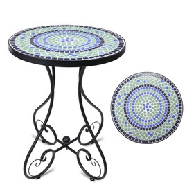 VCUTEKA Mosaic Outdoor Side Table, Round Rustproof Patio Table with 14" Ceramic Tile Top, Indoor Porch Accent Table for Yard, Garden, Living Room, Bistro Balcony, Blue