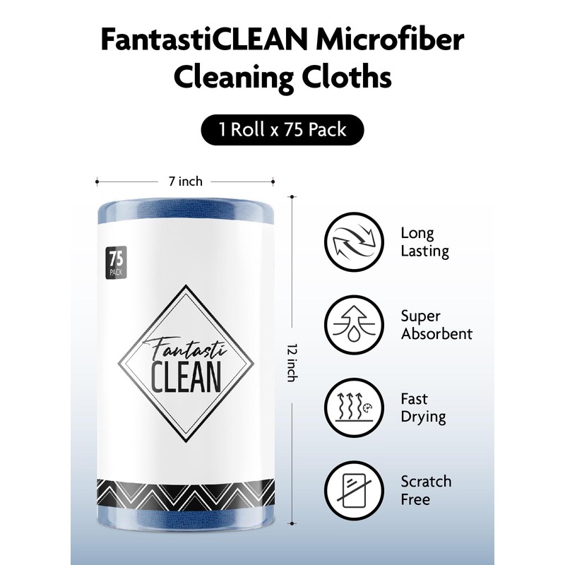 Fantasticlean Microfiber Cleaning Cloth Roll -75 Pack, Tear Away Microfiber