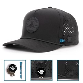 BRIMZ Golf Performance Hat - Breathable Sweat & Water Resistant Golfing Snapback Cap with Tee Holder & Magnetic Ball Marker (White - Beers & Bogeys)