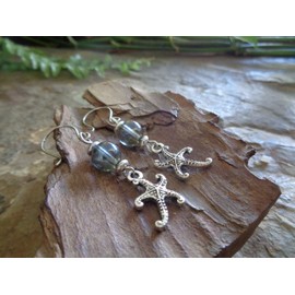 Starfish and blue soap bubbles glass. Beautiful earrings on unique hooks