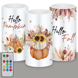 Retisee 3 Pcs Fall Flameless Candles Hello Pumpkin Hello Fall Boho Flameless LED Candles for Bedroom Living Room Autumn Decorations(Boho Style)