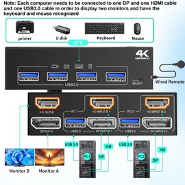 KVM Switch 2 Monitors 2 Computers 4K@60Hz,DP+HDMI USB3.0 Dual Monitor KVM Switches with 4 USB 3.0 Port,Wired Remote,USB3.0 Cables Included(4K60Hz 2 PC 2 Monitor KVM)