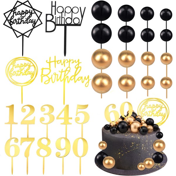 38 Piezas Set Decoraciones de Bolas de Tartas Púas Acrílicas de Cupcakes de Happy Birthday Palillos de Dientes de Números de 0 a 9 Toppers de Inserción de Bolas para Vacaciones (Negro Oro)