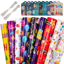 GAOHUI 8 Pack Wrapping Paper, Colourful Birthday Wrapping Paper with 10 Gift Tags, 2 Rope, Recyclable Gift Wrap Sheets Perfect for Birthday, Easter, Mothers Day, Baby Shower(70 X 50cm)