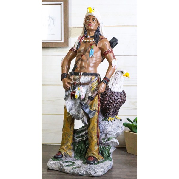 Native Tribal Indian Warrior Hunter Holding Axe With Bald Eagle