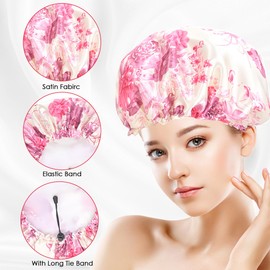 Adorila Large Reusable Shower Caps, Double Layer Elastic Shower Cap for Women, Waterproof Adjustable Hair Bath Caps for Long Hair, Braids (White Flower, Pink Flower)