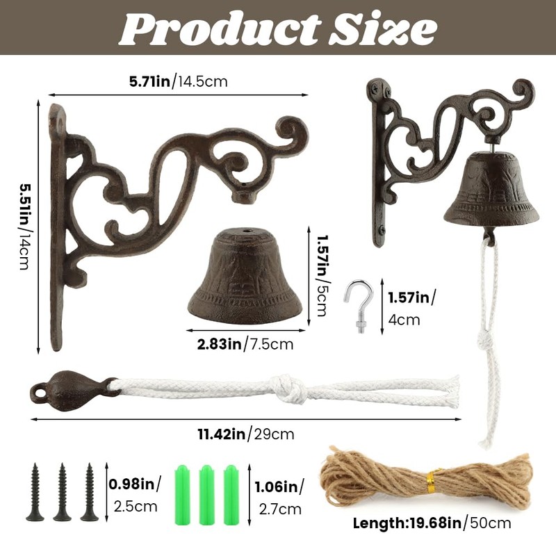 Cast Iron Dinner Bell, Wall Mount Hanging Bell with Rope