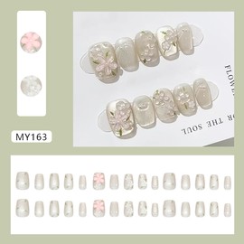 Short Square Press on Nails 3D Floral Fake Nails for Spring Summer Reusable Full Cover Nail Art with DIY Manicure Kit Flowers False Nail Manicure Decoration Supplies for Women 24Pcs