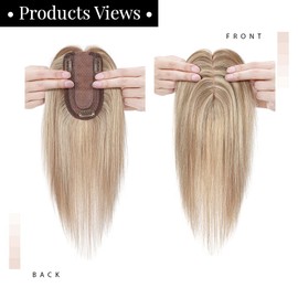 MY-LADY 150% Density Human Hair Toppers Without Bangs For Women 14 Inch (no bangs) 12/613 Light Brown with Bleach Blonde Silk Base Clip in Toppers Top Hair Pieces for Thinning Hair Hair Loss