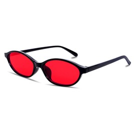 GUVIVI Retro Oval Red Sunglasses for Women Chic Cat Eye 90s Sunnies Lightweight Narrow Shades Trendy UV protection Sun Glasses