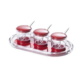 Omada Design Tray for jams and sauces 10,63 x 4,72 inch Inside Colored and Transparent Acrylic Border with 3 Jars and 3 teaspoons, Crystal line, Red