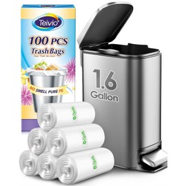Teivio 1.6 Gallon(Fit 1.5-1.6 Gal)100 Counts Strong Trash Bags 1.5 Gallon 1.6 Gallon Garbage Bags, Bathroom Trash Can Bin Liners, Plastic Bags for home office kitchen, Clear