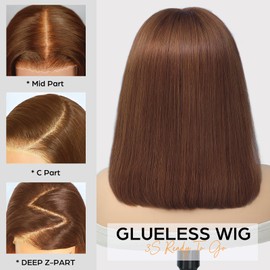 12inch #4 Brown Color Glueless Bob Wig Human Hair for Women, Upgrade 5x6 Pre-Cut Lace Pre Plucked Hairline for Beginners, 200% Density Real Ready and Go Short Brown Glueless Wig Human Hair