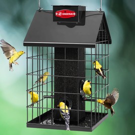 Kingsyard Squirrel Proof Caged Bird Feeder for Outdoor Hanging - Weatherproof Metal Mesh Tube Finch Bird Feeder with 4 Ports for Nyjer/Thistle Seed, Small Birds Goldfinches, Chickadees, Black