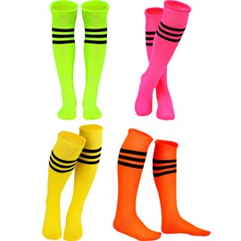 SATINIOR 4 Pairs Colorful Striped Neon Thigh High Socks Witch socks Soccer Socks for Women(Pink, Yellow, Green, Orange)