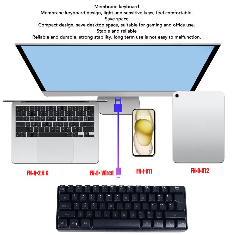 61 Keys Gaming Keyboard 2.4G Bluetooth Wired 3 Modes Keyboard