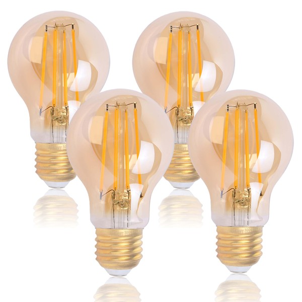 FLSNT LED Bulbs, Edison Bulbs, Filament Bulbs, E26 Base, 60W Equivalent, 700lm, 2700K Light Bulb, Chandelier Bulb, Retro Edison Lamp, Amber Glass, Fashionable, Non-Dimmable, PSE Certified, Pack of 4