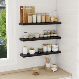 Fun Memories 30 Inch Floating Shelves Set of 3, Farmhouse Black Wall Shelves for Kitchen, Living Room, Wall Mounted Bathroom Shelves in Black, 30 x 6.7 x1.4 Inch