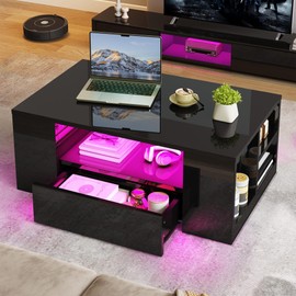 YITAHOME Modern LED Coffee Tables for Living Room, High Glossy Coffee Table with Storage 2 Drawers and Open Book Shelfs, Black Minimalist Coffee Table Small Wood Center Table Home Decor, Black