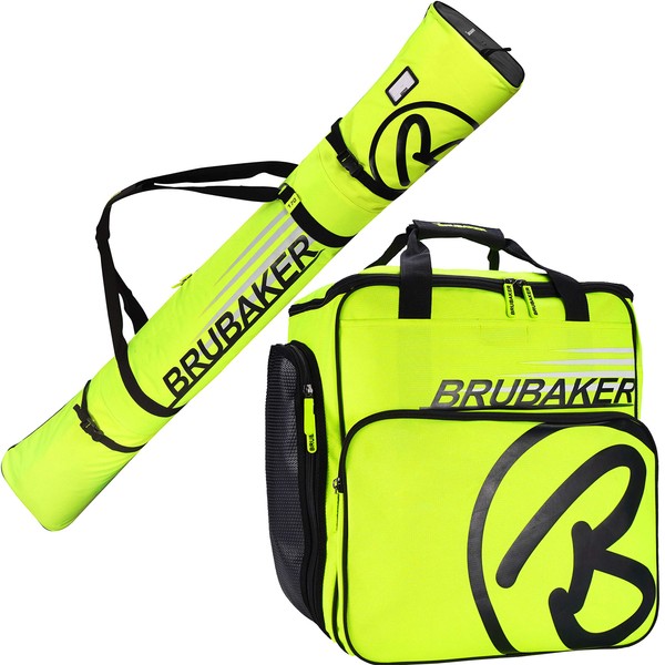 BRUBAKER Combo Set Carver Champion - Ski Bag and Ski Boot Bag for 1 Pair of Skis + Poles + Boots + Helmet - Neon Yellow/Black - 74 3/4 Inches / 190 cm