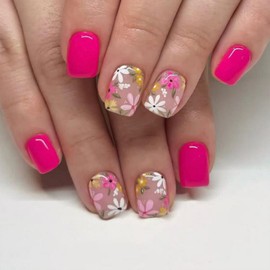 Pink Press on Nails Short Square Nails Press on with Flower Design Glossy Pink Glue on Nails Yellow White Floral Fake Nail Reusable Full Cover Spring Summer Acrylic Nail for Women Manicure 24Pcs