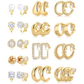 Wrlcorly 13 Pairs Clip on Earrings for Women 14K Gold Silver Plated Chunky Hoop Clip Earrings CZ Pearl Knot Twist Tube Waterdrop Croissant Non Pierced Hoop and Studs Fake Earring Jewelry Set