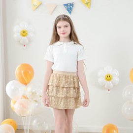 Bezioner Sequin Skirt Glitter Skirt Girls Shiny Ruffle Skirt A-line Princess Skirt Carnival Party Rave Outfit, gold
