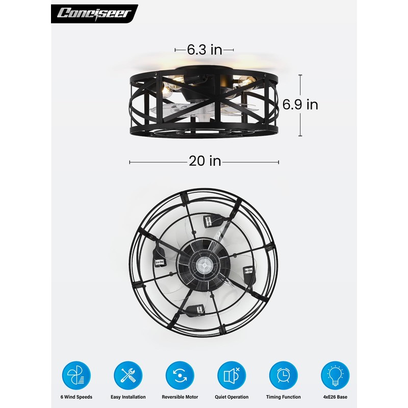 Conciseer 16 Inch Caged Ceiling Fans with Lights and Remote,