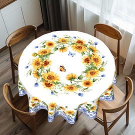 Sunflower Round Tablecloth - Yellow Daisy Floral Butterfly Table Cloth 60 Inch Blue Boho Floral Seasonal Washable Table Cover for Indoor Outdoor Kitchen Dinning