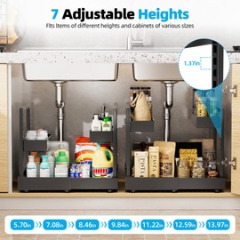 NEWMATIC Adjustable Under Sink Organizer Pull Out Drawers, 2-Tier Slide Out Cabinet Storage Shelf for Kitchen Sink, Height & Width Extendable Black, 15''D x 13''-20.5''W x 15''H(1Pack)