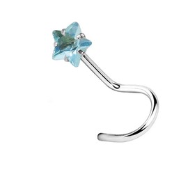 PiercedOff 316L Surgical Steel Nose Nose Nose Screw with Star Shaped Aqua CZ Gem - Thickness 20GA (0.8mm) / Length 6mm / Star Size 3mm