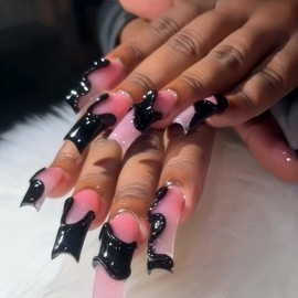 Rchovsam xl Long Press on Nails Square French Tip Fake Nails Curve Type Designs Nails Press Ons 3D Black Stripe Stick on Nails Full Cover Artificial Nails Gift for Women 24pcs